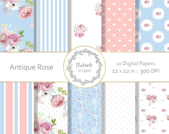 Antique Rose Floral digital paper - Cottage Chic clipart - Scrapbook paper, Floral Digital Paper, Shabby Chic Digital Paper, Commercial use