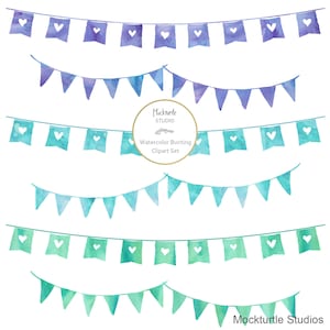 Watercolor Bunting Flags Clipart - 12 images, 300dpi, PNG & EPS files - Bunting Clip Art - Watercolor Banner Clipart - Instant Download