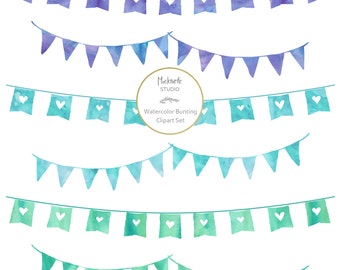 Watercolor Bunting Flags Clipart - 12 images, 300dpi, PNG & EPS files - Bunting Clip Art - Watercolor Banner Clipart - Instant Download