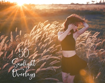 50 natürliche Sonnenlicht Foto-Overlays - Sonne Bokeh Overlays - Sonnenlinse, Lichtleck, Sonnenstrahlen, Sonnenstrahlen Photoshop Overlays, digitaler Lichteffekt