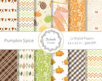 May include: Twelve digital papers with autumnal themes. The papers feature patterns of pumpkins, leaves, hearts, plaid, and swirls. The papers are 12 inches by 12 inches and 300 DPI.