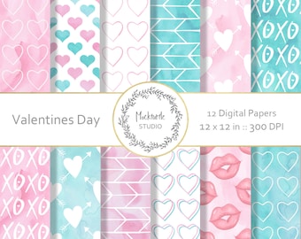 Valentines digital paper -  Valentine clipart - Scrapbook paper - Pink and Blue Watercolor Digital Paper, Commercial use