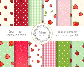 Strawberry digital paper - Strawberry clipart - Scrapbook paper, Strawberry Digital Paper, Summer Digital Paper, Commercial use