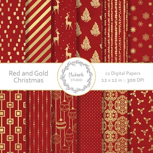 Carta digitale di Natale - Clipart di Natale - Carta scrapbook, Carta digitale di Natale, Carta digitale di Natale rossa e oro, Uso commerciale