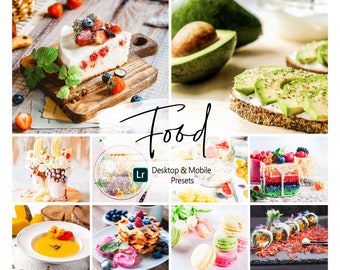 Puede incluir: Un collage de nueve imágenes que muestran varios alimentos, incluyendo una rebanada de pastel con bayas, tostadas de aguacate, un batido con dulces, un tazón de sopa, waffles con bayas, macarons y rollos de sushi. El texto "Food Desktop & Mobile Presets" se muestra en el centro del collage.