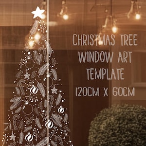 May include: White Christmas tree window art template with a simple design of baubles, candy canes, and pine branches. The template is 120cm x 60cm.