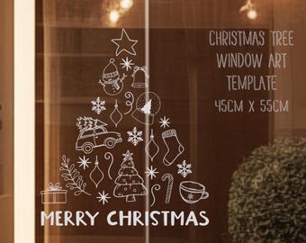Christmas Tree Window Art | Merry Xmas Doodle | Holiday Window Stencil | PDF Digital Download