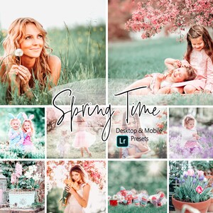 以下が含まれることがあります： デスクトップとモバイルデバイス用の春のテーマのLightroomプリセットのコレクション。プリセットは、暖色系の色調と自然光に焦点を当てた、柔らかく夢のような美学を特徴としています。画像は、花が咲く風景、子供たちがフィールドで遊ぶ様子、タンポポを持った女性など、さまざまな春のシーンを映し出しています。