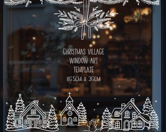 Modèle d'art pour fenêtre Village de Noël : scène de Noël DIY (téléchargement numérique PDF)