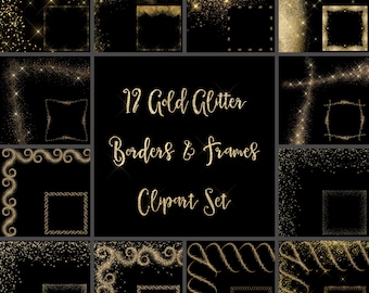Gold Glitter Frame Clipart Borders - 12 images, 300dpi, PNG - Instant Download