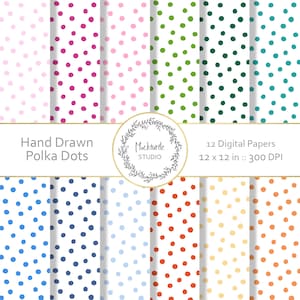 May include: Twelve digital papers featuring hand-drawn polka dot patterns in various colors, including pink, green, blue, and orange. Each paper is 12 x 12 inches and 300 DPI.