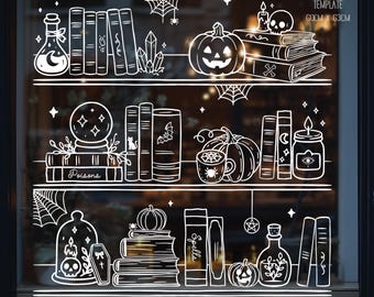 Halloween Bookshelf Art Template | Autumn Scene Stencil | Spooky Holiday Window | PDF Digital Download