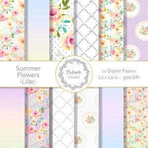 Op de afbeelding: Twaalf digitale papieren met aquarelbloemmotieven in roze, gele en groene tinten. De patronen omvatten een bloemenboeket, een bloemenkrans, een stippenpatroon, een traliewerkpatroon en een bloemenpatroon op een lichtpaarse achtergrond. De papieren zijn 12 x 12 inch en 300 DPI.
