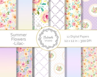 Summer Floral Lilac digital paper, Cottage Chic clipart, Scrapbook paper, Spring Floral Digital Paper, Shabby Chic Digital Paper, Commercial