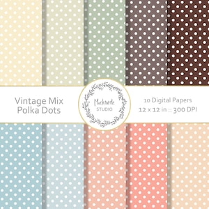 May include: Ten digital papers with vintage polka dot patterns in various colors, including cream, brown, green, blue, and pink. Each paper is 12 inches by 12 inches and 300 DPI.