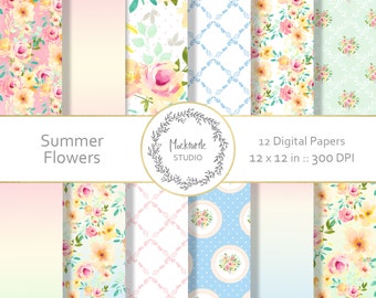 Summer Floral digital paper - Cottage Chic clipart - Scrapbook paper, Summer Floral Digital Paper, Shabby Chic Digital Paper, Commercial use