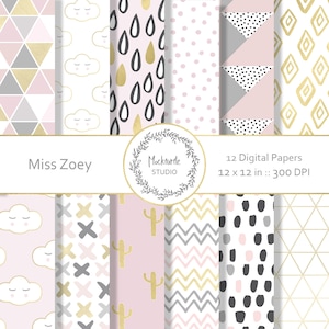 May include: Twelve digital papers in a pink, white, and gold color scheme. The patterns include clouds, raindrops, polka dots, geometric shapes, cacti, and crosses.