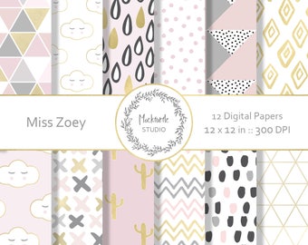Modern Chic Digital Paper Pack – Pink, Gold, & Geometric Patterns - 12x12", 300dpi - Commercial Use