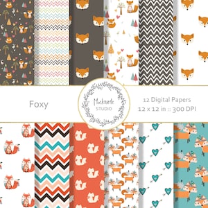 May include: Twelve digital papers featuring fox illustrations in various patterns. The patterns include foxes with flowers, hearts, arrows, chevron patterns, and more. The papers are 12 x 12 inches and 300 DPI.