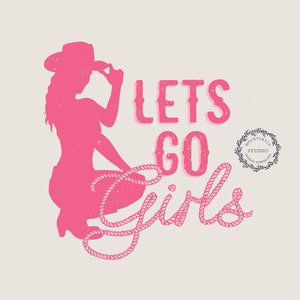 Laten we gaan meisjes | Land-westerse veedrijfster | Roze touw | Zin zeggen | Retro vintage T-shirt grafisch | Transparante PNG | Digitaal downloaden