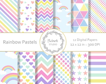 Rainbow digital paper - Rainbow clipart - Scrapbook paper, Rainbow Pastel Digital Paper, Pastel Digital Paper, Commercial use