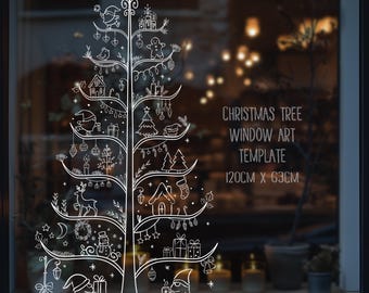 Christmas Tree Window Art Template | Christmas Gnomes Scene Stencil | Holiday Decor | PDF Digital Download