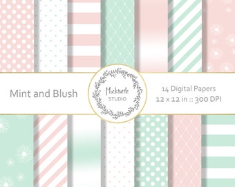 Papier numérique menthe et fard à joues - Clipart rose + vert - Taches rayures papier de scrapbooking - Usage commercial