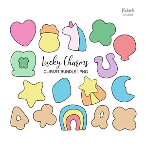 Peut inclure: Un ensemble de 15 images clipart Lucky Charms colorées. Les images comprennent un cœur, un pot d'or, une licorne, un trèfle à quatre feuilles, un fer à cheval, une étoile, une lune croissante, un arc-en-ciel et plus encore. Les images sont parfaites pour créer des objets artisanaux, du scrapbooking et d'autres projets.