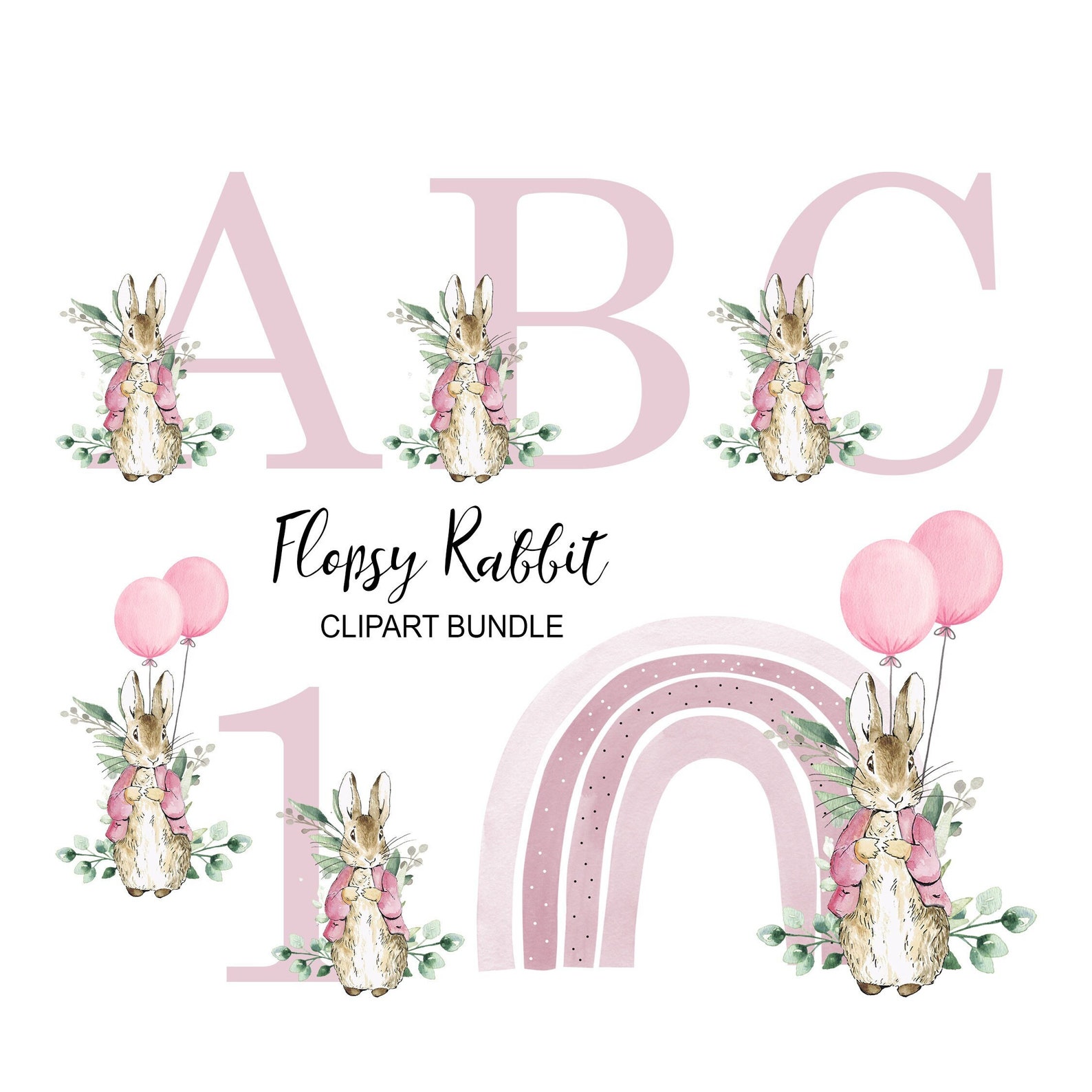 Flopsy Rabbit Printable Flopsy Rabbit Clipart: A-Z, 0-9, Elements (300dpi PNG Instant Download ...