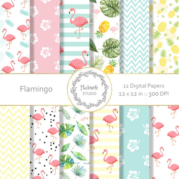 Flamingo digital paper - Tropical clipart - Scrapbook paper, Flamingo Digital Paper, Tropical Digital Paper, Commercial use