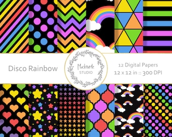 Rainbow digital paper - Rainbow clipart - Scrapbook paper - Rainbow Bright Disco Digital Paper - Digital Paper - Commercial use