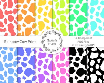 Cow Print Digital Paper - Animal Skin Clipart - Scrapbook Paper - Rainbow Seamless Pattern - Commercial use