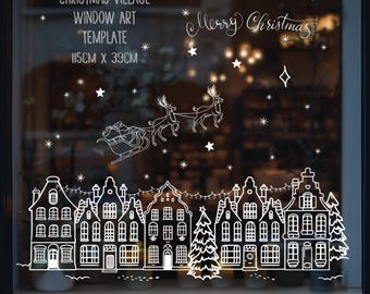 Plantilla de arte de pueblo navideño / Plantilla de escena de casa navideña / Copo de nieve / Ventana navideña / Descarga digital en PDF