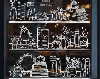Autumn Bookshelf Art Template | Cosy Scene Stencil | Fall Bookshop Window | PDF Digital Download