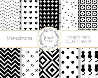 Black and White digital paper - clipart - Monochrome Clip art digital paper - Scrapbook paper, Black and White Digital Paper, Commercial use