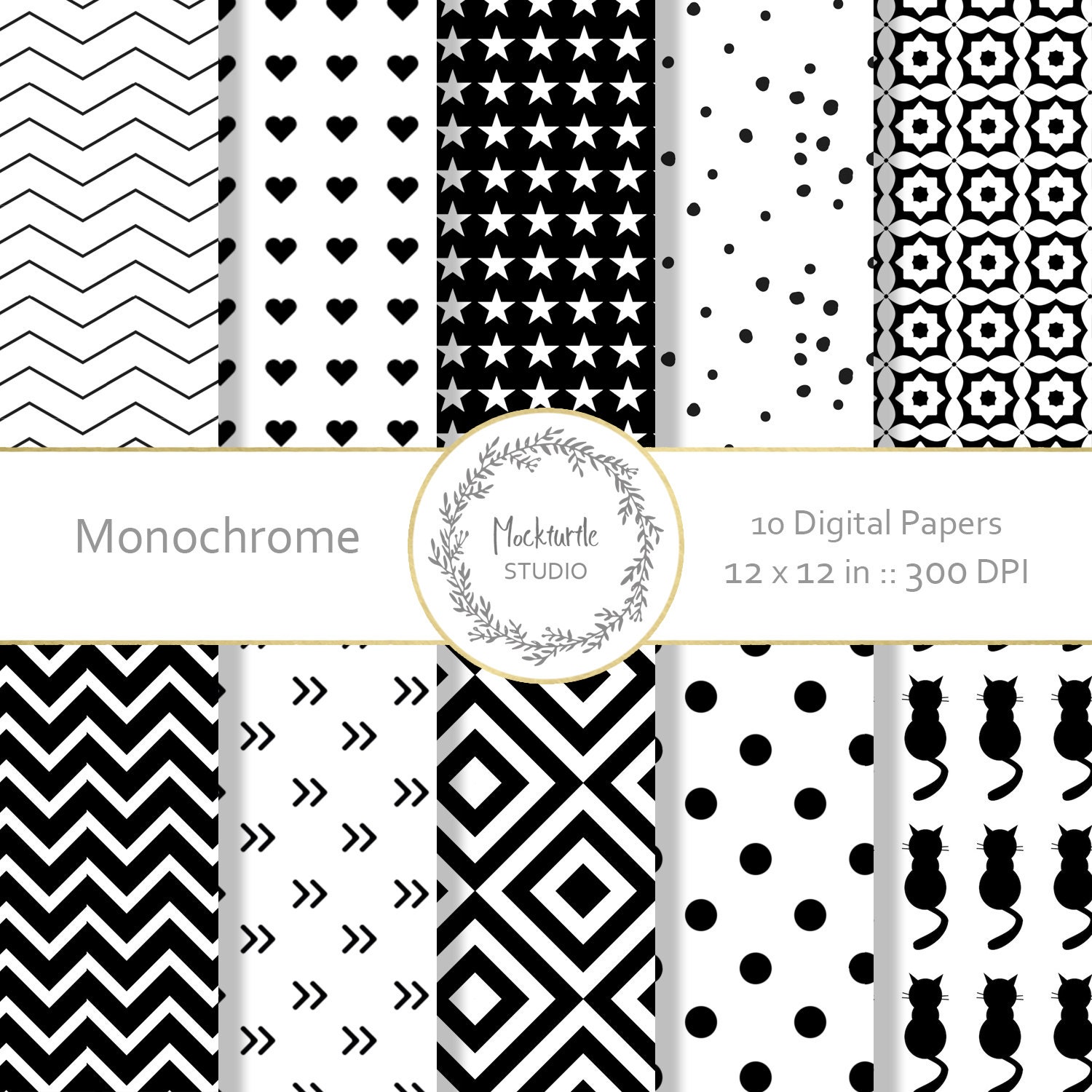 72 Black and White Digital Paper Pack. Patterns, Scrapbooking
