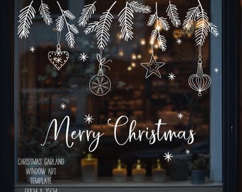 Christmas Garland Window Art Template: DIY Merry Christmas Scene (PDF Digital Download)