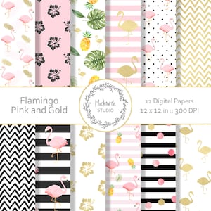 Flamingo digital paper - Tropical clipart - Scrapbook paper, Flamingo Digital Paper, Tropical Digital Paper, Commercial use - Pink and Gold