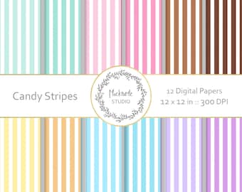 Papel digital con rayas de caramelo / Imágenes prediseñadas a rayas / Papel digital para álbumes de recortes / Uso comercial