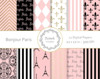 French Chic Digitales Papier - Paris Scrapbook Papier Designs, Eiffelturm - 300dpi - Kommerzielle Nutzung
