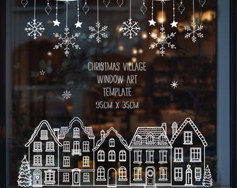 Christmas Village Art Template | Christmas House Scene Stencil | Snowflake  | Holiday Window | PDF Digital Download