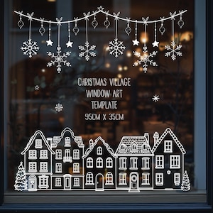 Kerstdorp kunstsjabloon | Sjabloon Kersthuisscène | Sneeuwvlok | Feestdagen | Digitale pdf-download