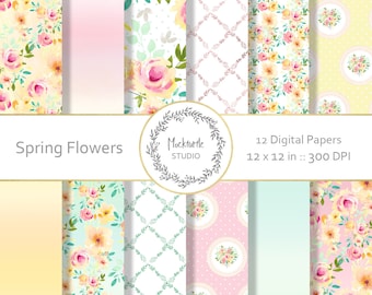 Spring Floral digital paper - Cottage Chic clipart - Scrapbook paper, Spring Floral Digital Paper, Shabby Chic Digital Paper, Commercial use