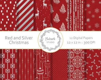 Christmas digital paper, Christmas Clip art, Scrapbook paper, Christmas Digital Paper, Red and Silver Christmas - Christmas Scrapbook