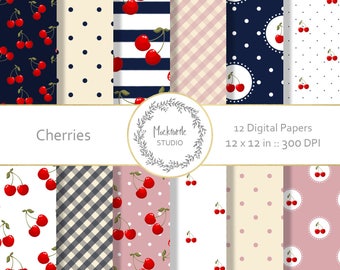 Cherry Digital Paper - Cherries Scrapbook Paper - Printable - Commercial use