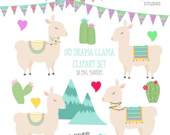 Llama and Cactus Clipart Set - Alpaca - 18 PNG Images, 300dpi