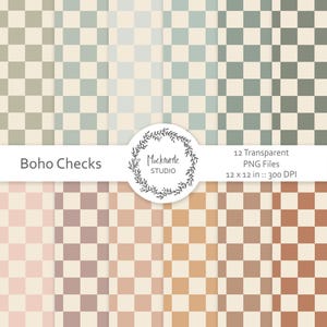 May include: Set of 12 digital paper patterns featuring a checkered design in various shades of green, brown, and pink. Each pattern is 12 inches by 12 inches and 300 DPI. Boho Checks.