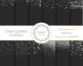 Superpositions numériques de confettis d’argent, clipart de confettis d’argent transparent, papier scrapbook, superpositions de motifs de confettis d’argent PNG, papiers numériques