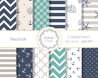Nautical digital paper - Nautical clipart - Scrapbook paper, Ocean Digital Paper, Anchor Digital Paper, Printable Paper - Commercial use