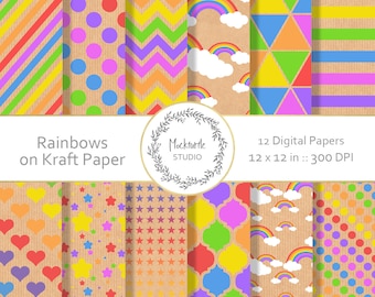 Rainbow Kraft Digital Paper – 12"x12" Scrapbook Paper - Printable - Commercial use